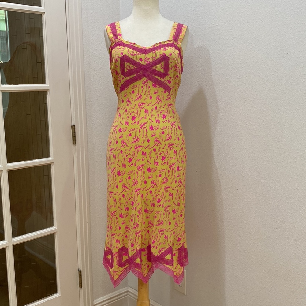 Vintage 90s Y2K 🎀💛 Betsey Johnson NY Fetish Bow Pin Up Girl Silk Dress